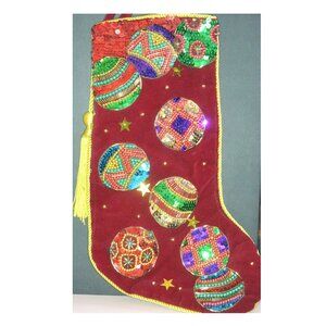 Christmas Stocking With Embellishments Burgundy Gold Cord Trim And Tassel